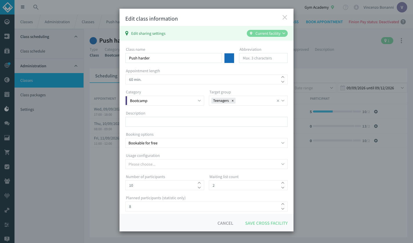 Edit class information dialog with the Number of participants and Waiting list count fields