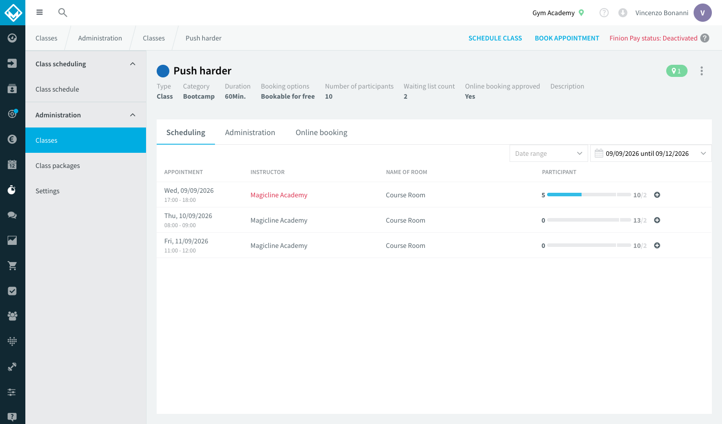 Class detail page with the three-dot menu open in the top right corner