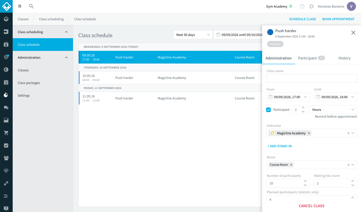 Side panel of a single class date with the Administration tab open, showing the participant fields