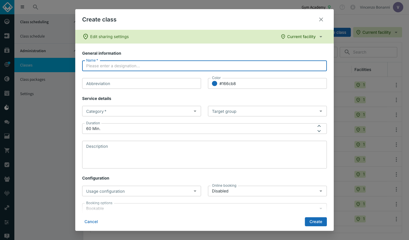 Create class dialog