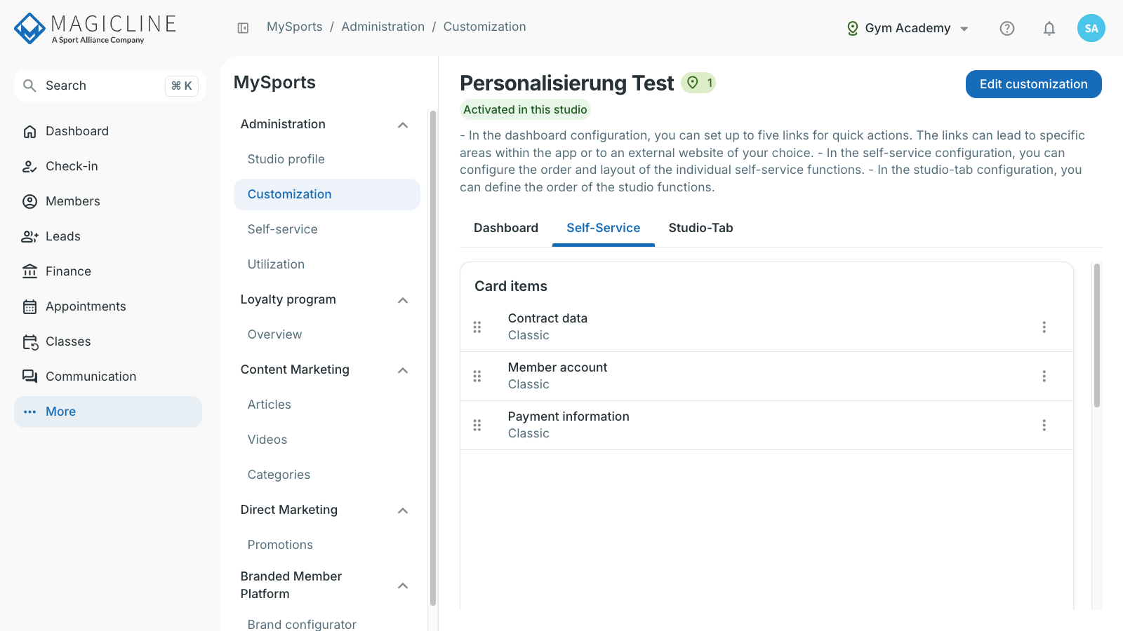Tabblad Self-Service aanpassing met Kaart items en Lijst items, inclusief Check-in geschiedenis