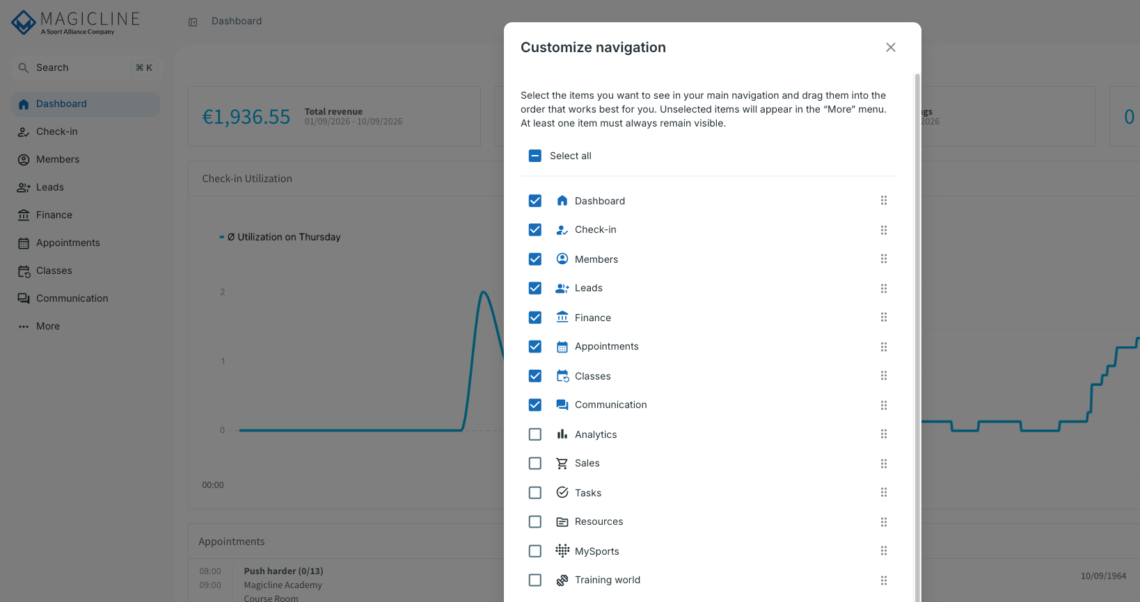 „Customize navigation“ dialog with the menu-item selection and the „Save“ button
