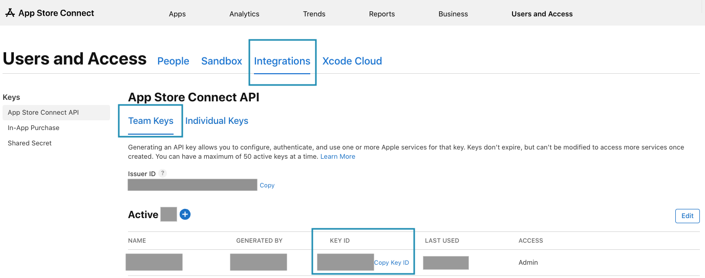 Integrations tab with App Store Connect API selected and the Team Keys tab active