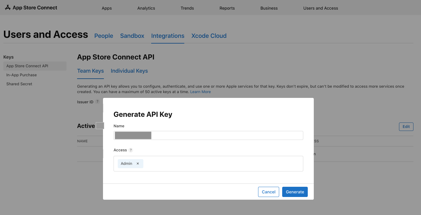 Generate API Key dialog with the Name field and Access set to Admin