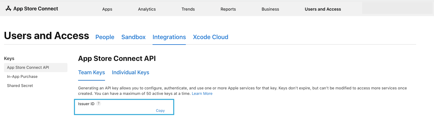 App Store Connect, Users and Access, Integrations page. The Issuer ID field sits above the key list and has a Copy link.