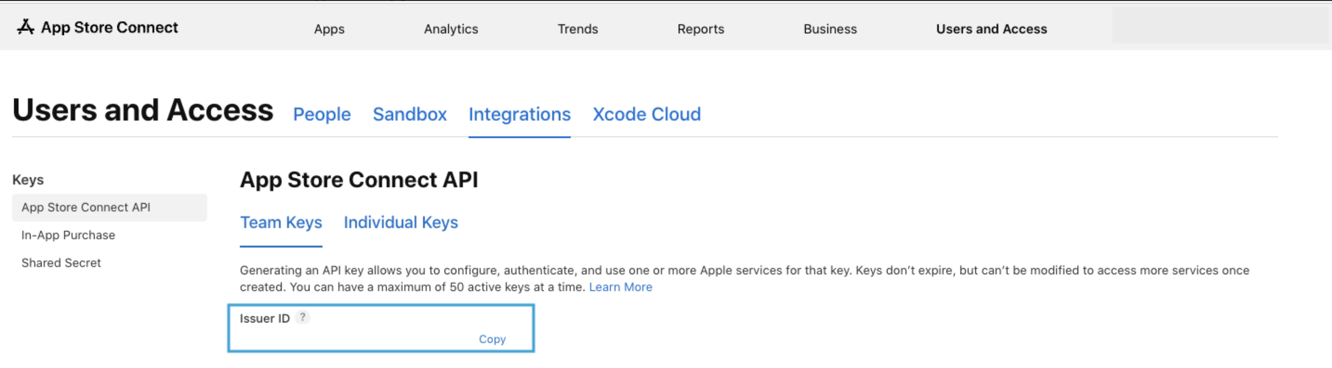 App Store Connect, page Integrations. L'Issuer ID est affiché au-dessus de la liste des clés.