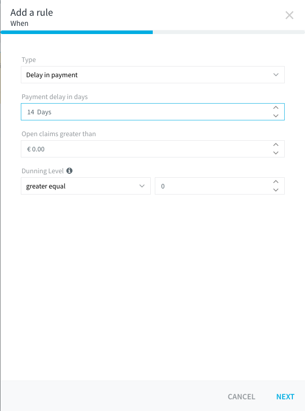 Add a rule dialog, Payment delay condition type with days field