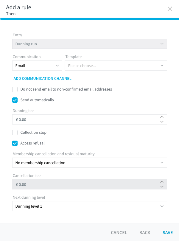 Add a rule dialog, Then step with communication, fee and cancellation actions