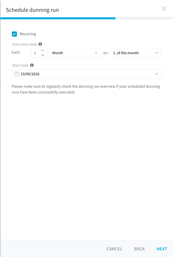 Schedule dunning run dialog, recurring interval and start date step