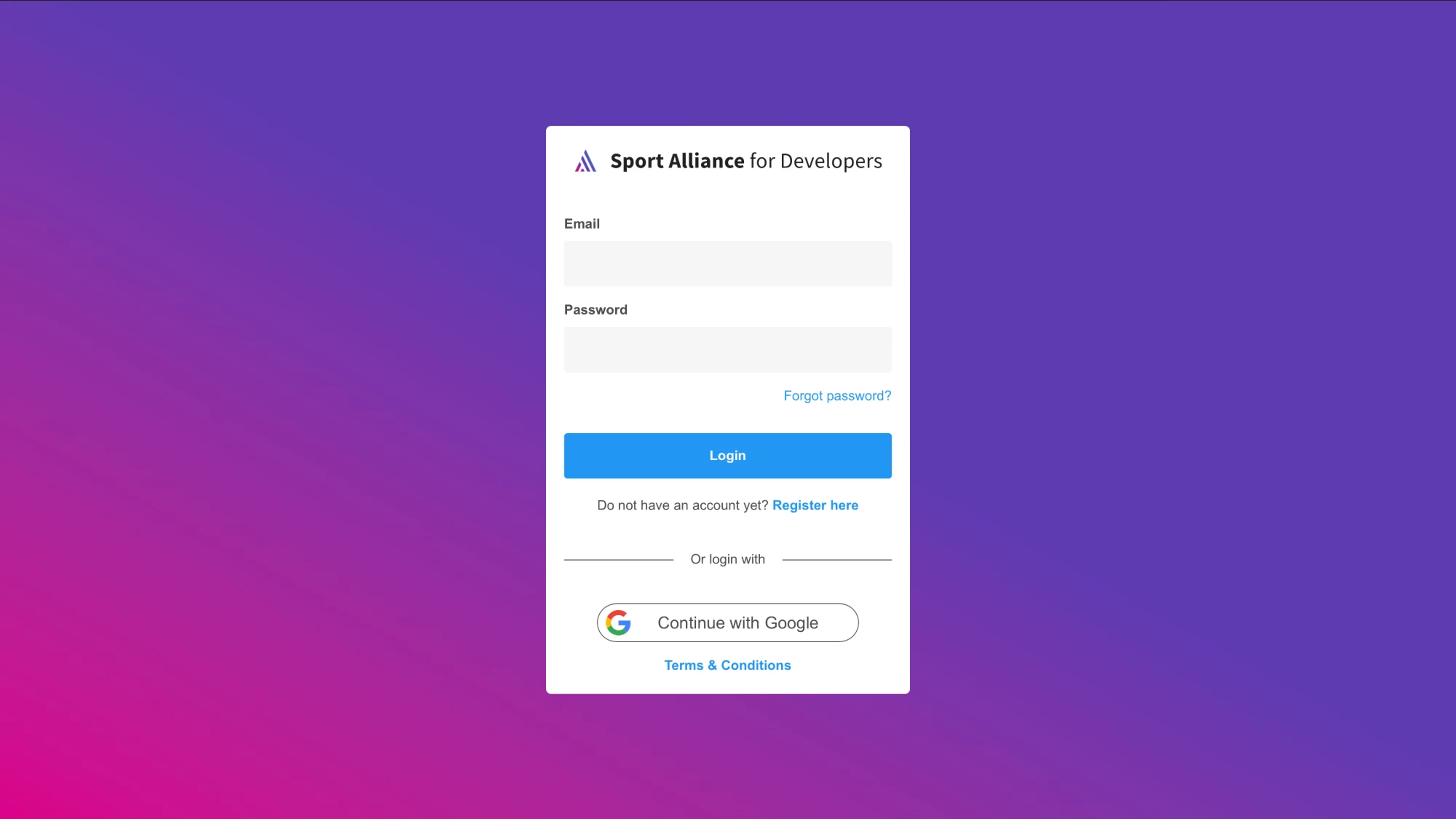 Developer portal login page with the Register here link below the login button