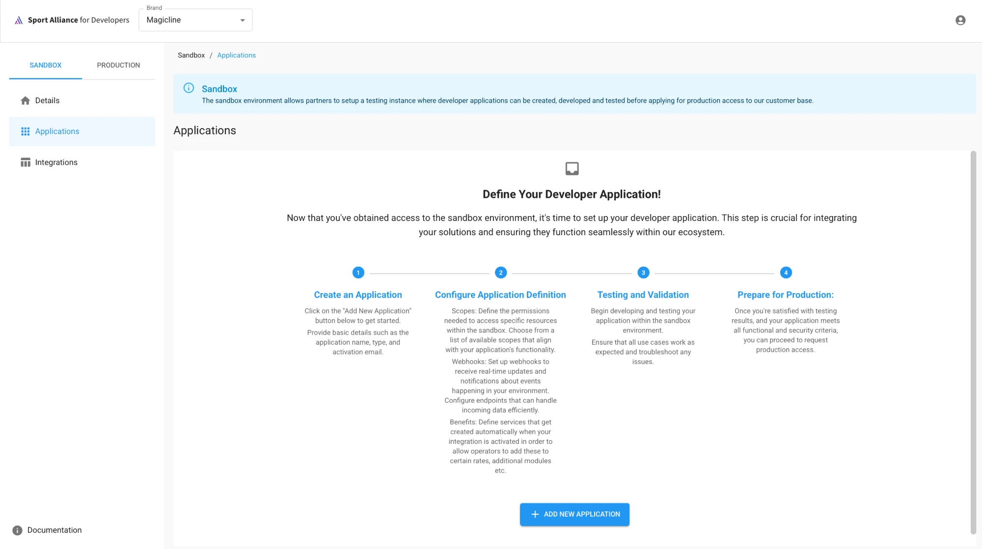 Übersicht Sandbox Applications mit dem Button Add New Application