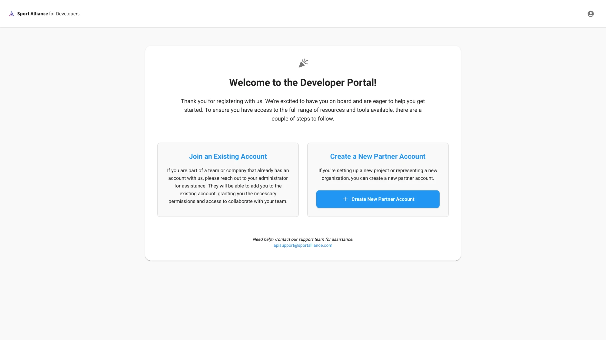 Welkomstscherm bij de eerste keer inloggen met de optie Create New Partner Account
