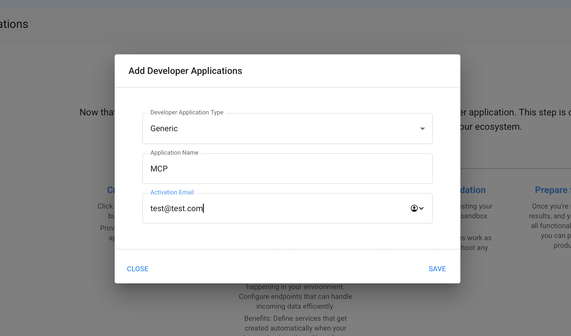 Dialoogvenster voor het aanmaken van een applicatie met type Generic, een naam en het activerings-emailadres