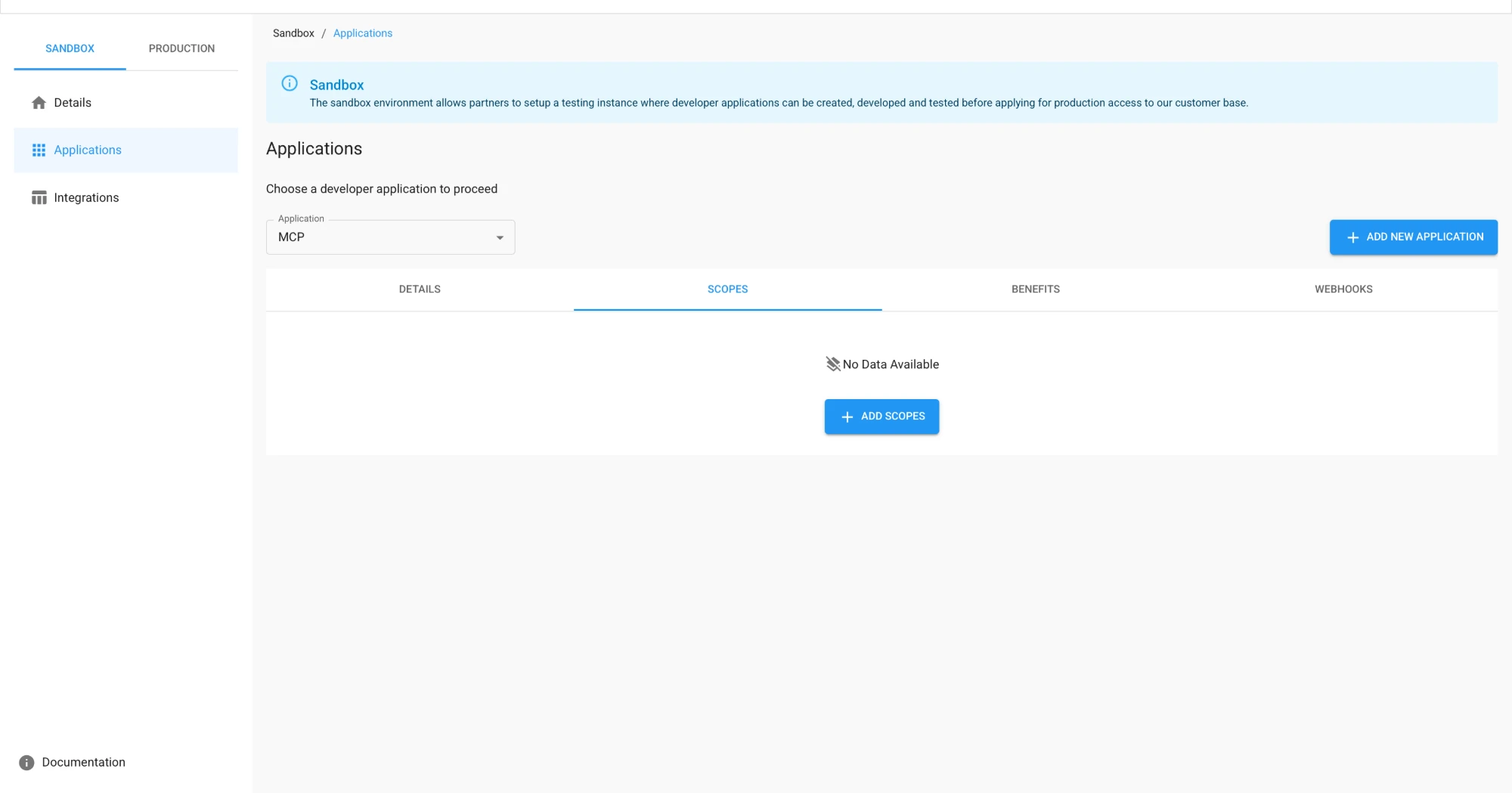 Een net aangemaakte applicatie zonder toegewezen scopes en dus zonder toegang