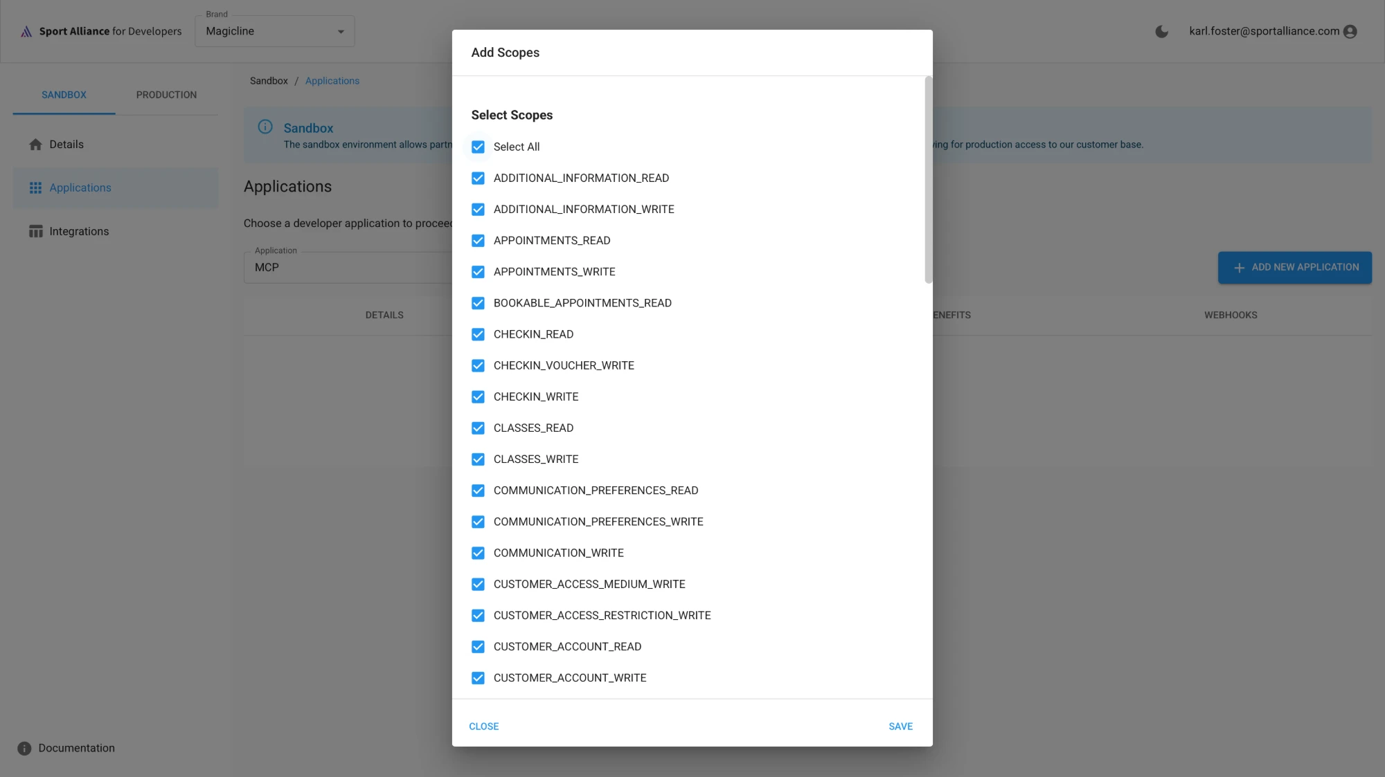 Sélection des scopes avec des paires READ et WRITE par domaine