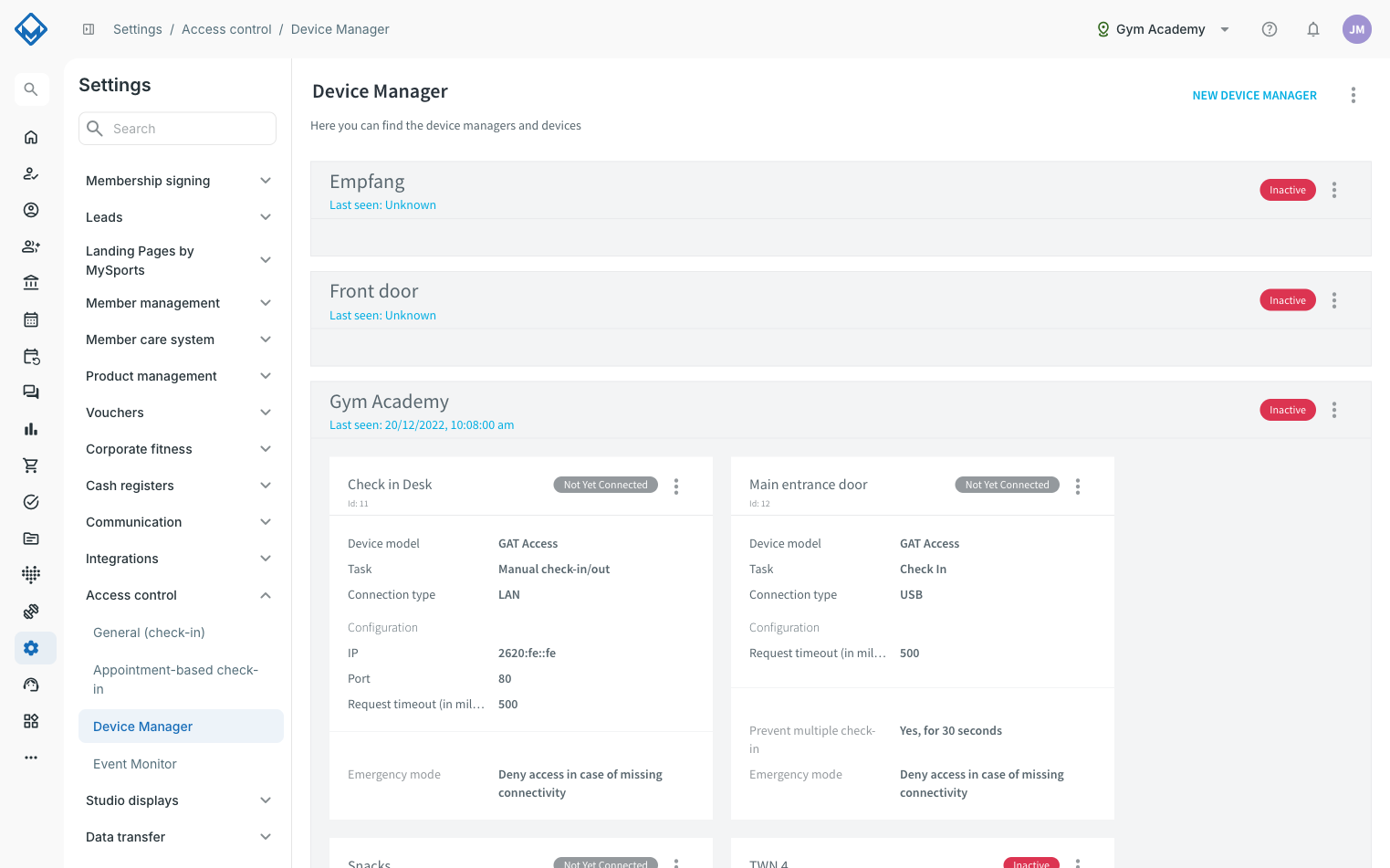 Overzicht van de device manager onder Instellingen / Toegangscontrole