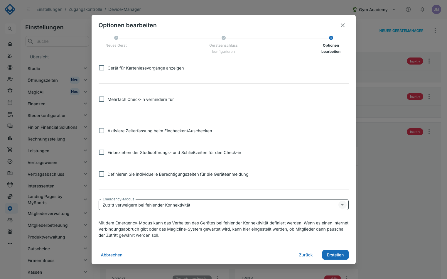 Schritt Optionen bearbeiten für eine Check-in-Aufgabe mit fünf Konfigurations-Checkboxen und Emergency-Modus