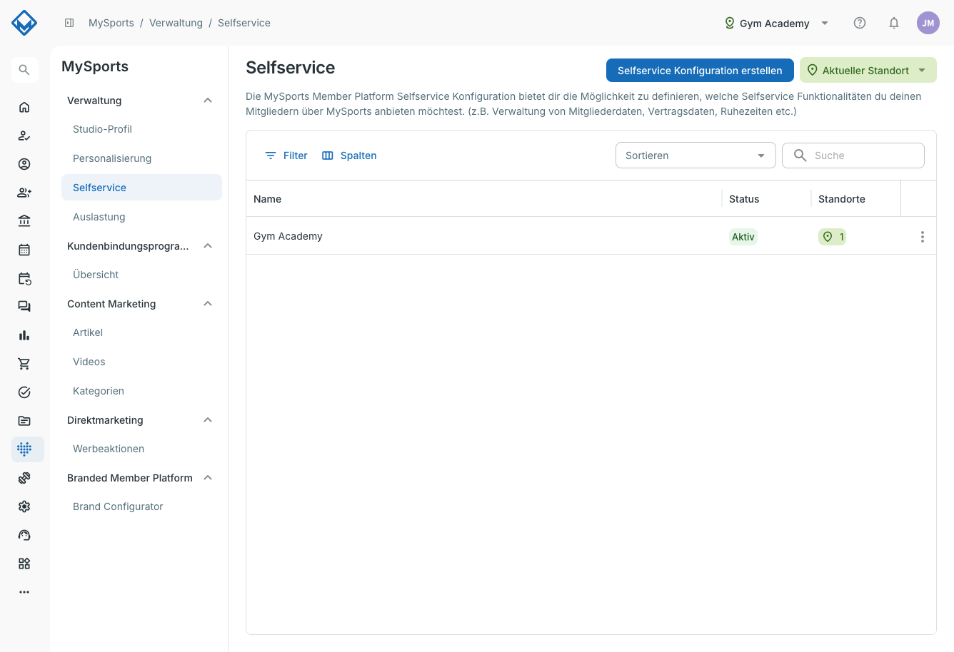 Selfservice-Konfigurationsliste mit Konfigurationszeile, Status Aktiv und Button Selfservice Konfiguration erstellen