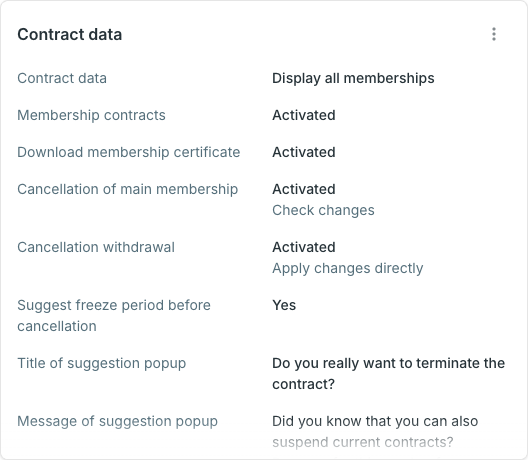 Contract data card showing cancellation, freeze period, bonus periods and voucher code settings