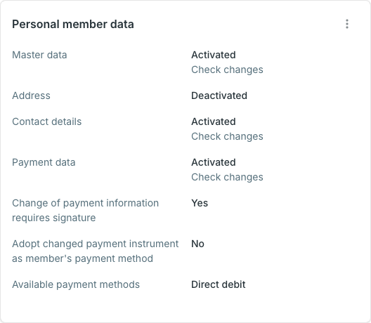 Personal member data card showing master data, address, contact details and payment data settings