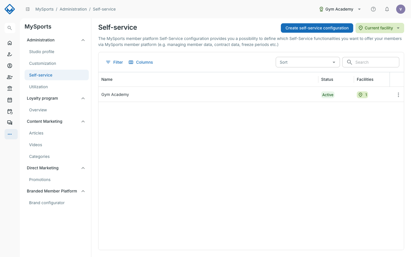 Liste des configurations de self-service avec une ligne de configuration, son statut Actif et le bouton Créer une configuration