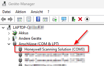 Windows Apparaatbeheer met de scanner onder Poorten (COM & LPT)