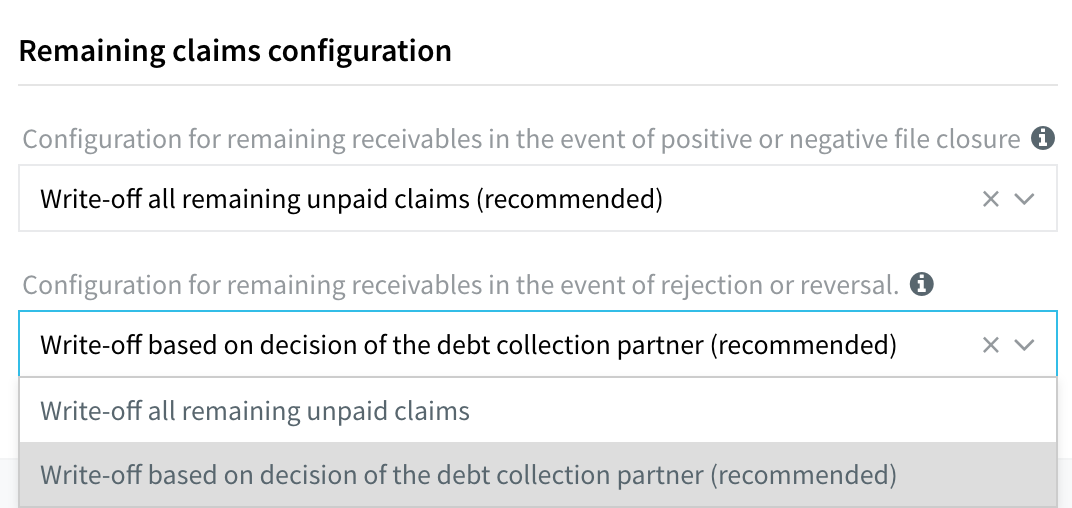 Sezione Configurazione crediti residui nella finestra di dialogo Dettagli dello studio, con il menu a discesa Configurazione dei crediti residui in caso di rifiuto o storno aperto e le due opzioni visibili