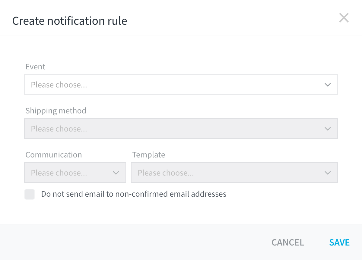 Finestra di dialogo Creare regola di notifica con i campi Titolo, Metodo di spedizione, Comunicazione e Modello