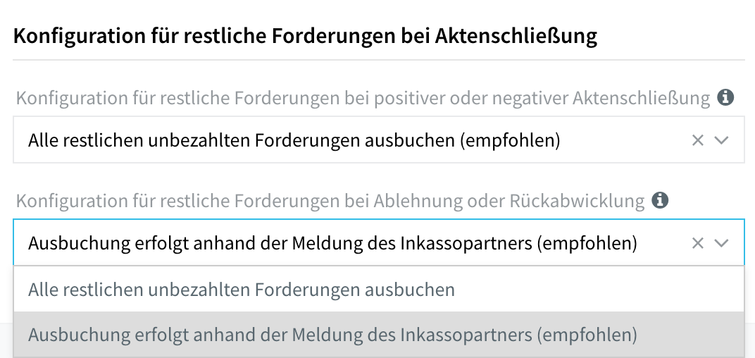 Bereich Konfiguration für restliche Forderungen bei Aktenschließung im Dialog Studiostammdaten, Auswahl für Ablehnung oder Rückabwicklung geöffnet mit beiden Optionen