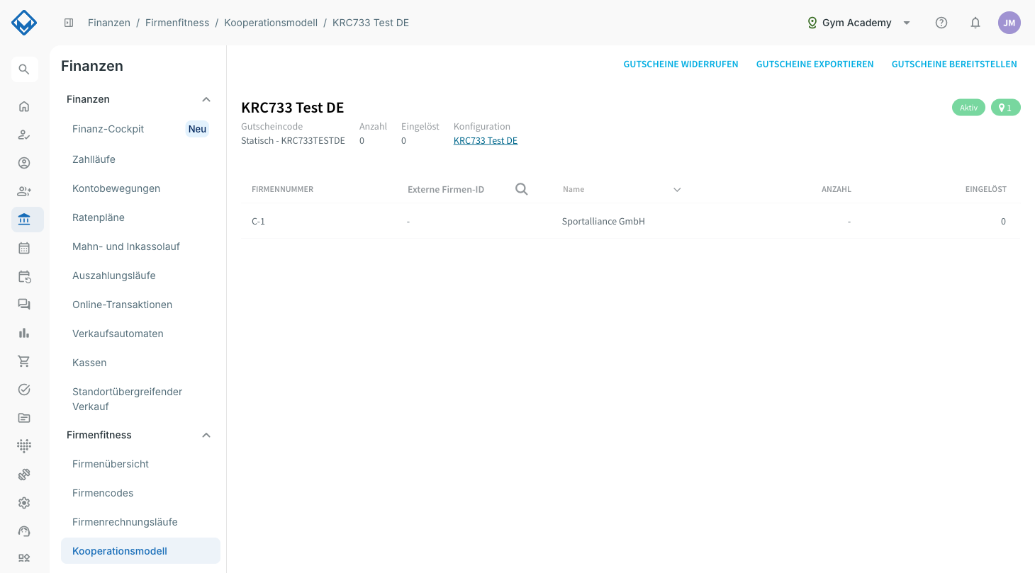 Finanzansicht des Splits mit dem Button Gutscheine bereitstellen