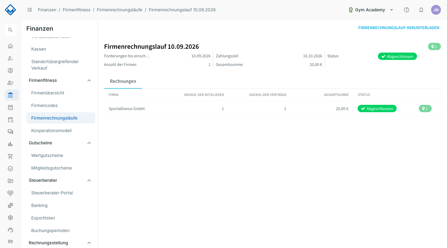 Drilldown eines Firmenrechnungslaufes mit den enthaltenen Firmen