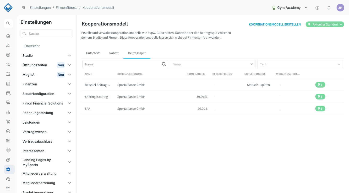 Übersicht Kooperationsmodell mit dem Button Kooperationsmodell erstellen