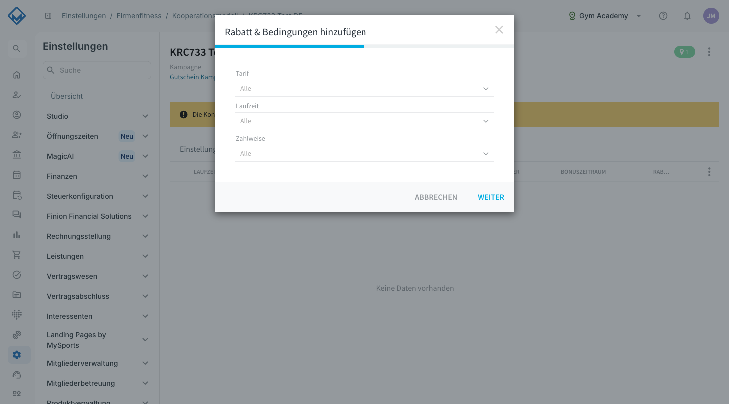 Erster Schritt des Dialogs mit Auswahl von Tarif, Laufzeit und Zahlweise