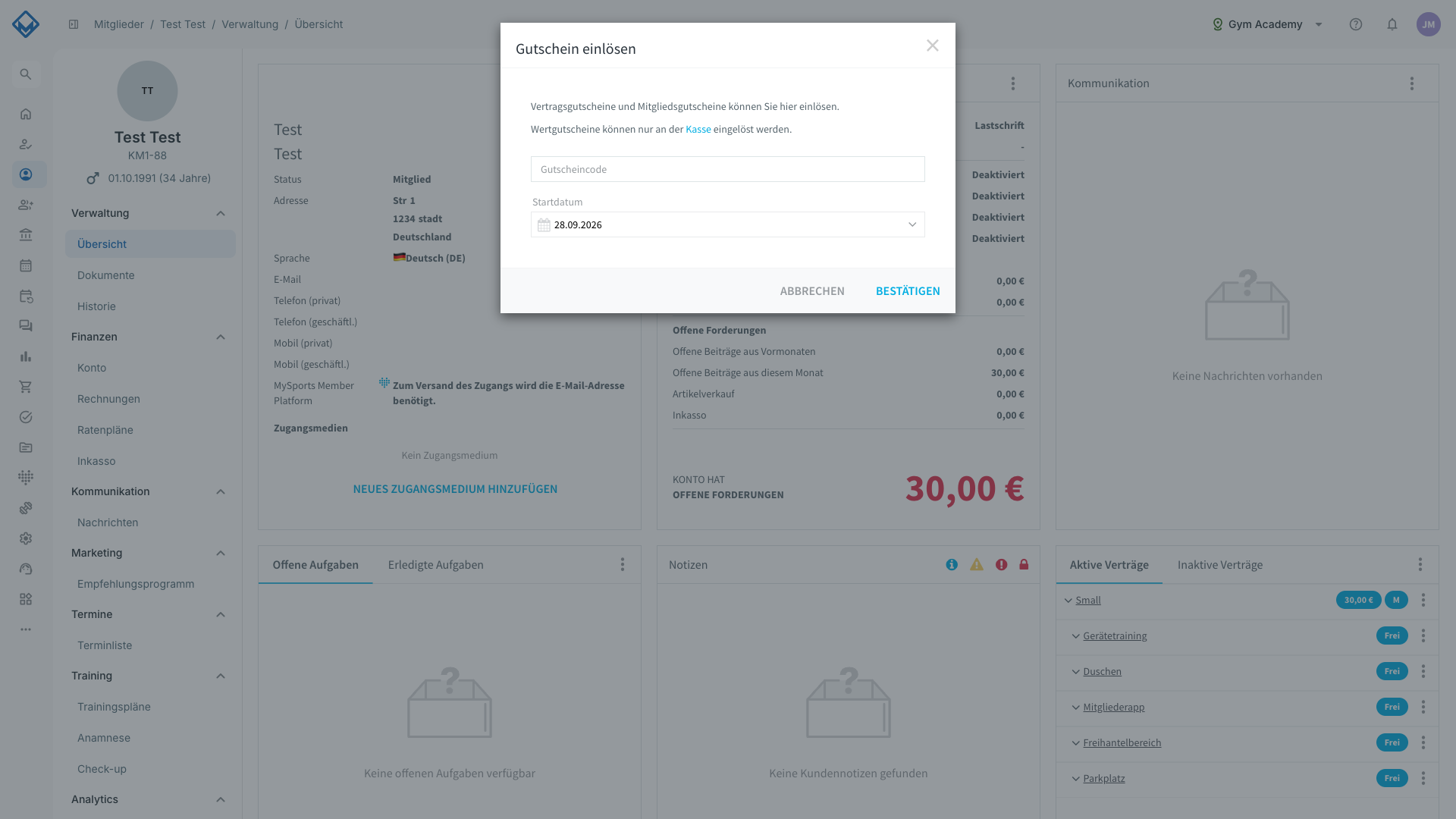 Dialog Gutschein einlösen mit Feldern für Gutscheincode und Startdatum