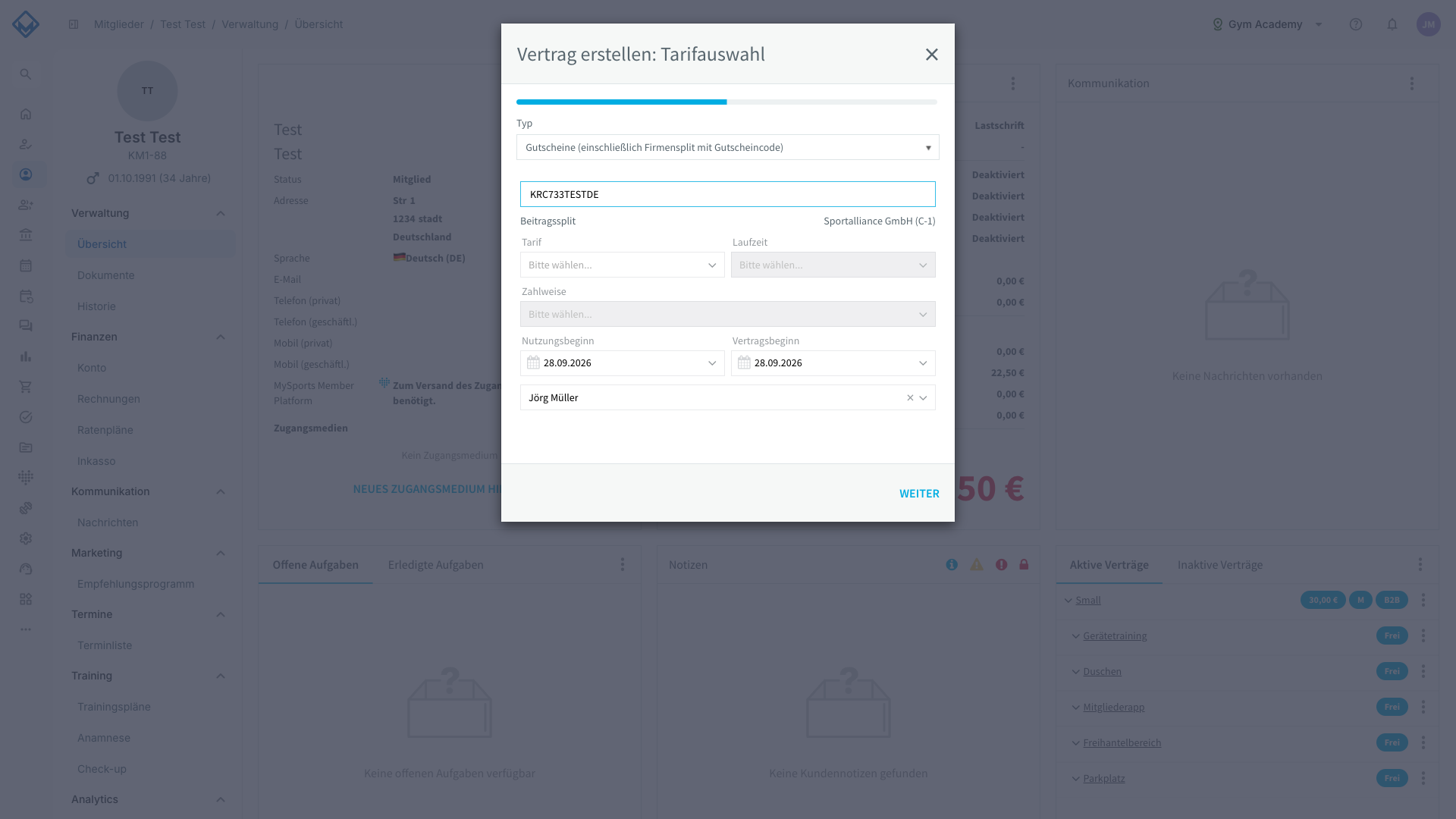 Dialog mit erkanntem Gutscheincode, Anzeige des Kooperationsmodells und freigeschalteten Feldern für Tarif Laufzeit und Zahlweise