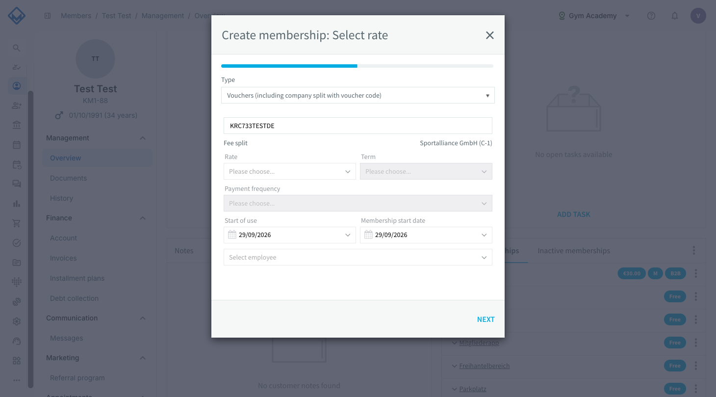 dialog with recognised voucher code, cooperation model and unlocked fields for rate, term and payment frequency