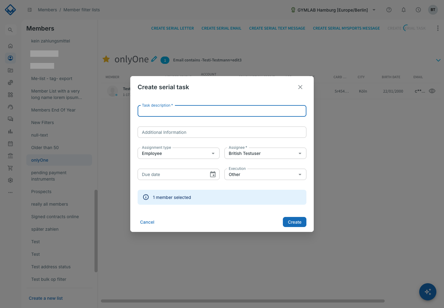 Create serial task dialog with the number of selected members
