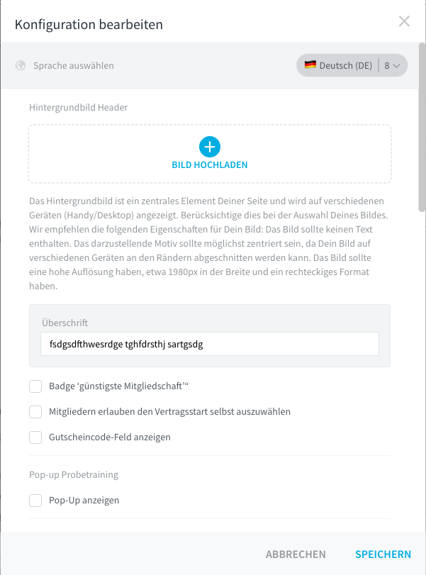 Dialog Konfiguration bearbeiten mit der Checkbox Mitgliedern erlauben den Vertragsstart selbst auszuwählen