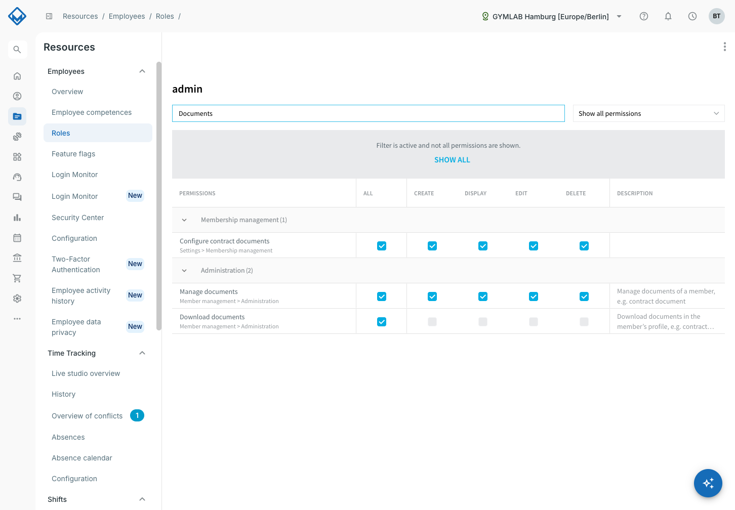 Role editor with the permissions Manage documents and Download documents in the category Member management / Administration