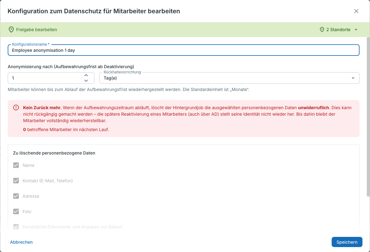 Dialog zum Bearbeiten einer Konfiguration zum Datenschutz für Mitarbeiter mit Aufbewahrungsfrist und Warnhinweis zur unwiderruflichen Löschung