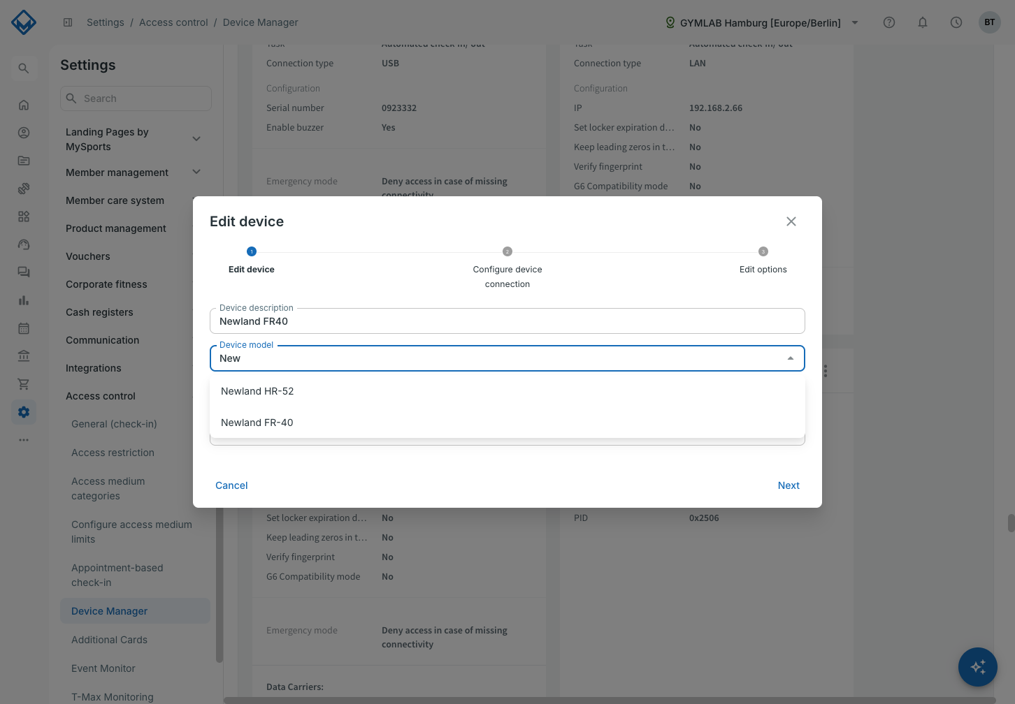Liste Modèle d'appareil filtrée sur Newland, avec l'option Newland FR-40