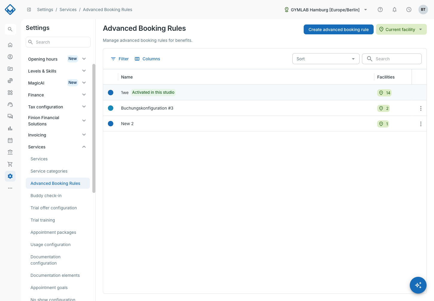 Lijst met configuraties onder Instellingen / Services / Geavanceerde boekingsregels