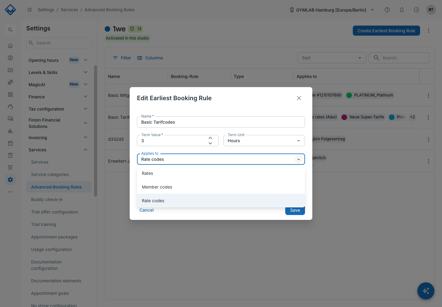 Opened Applies to dropdown with the options Rates, Member codes and Rate codes