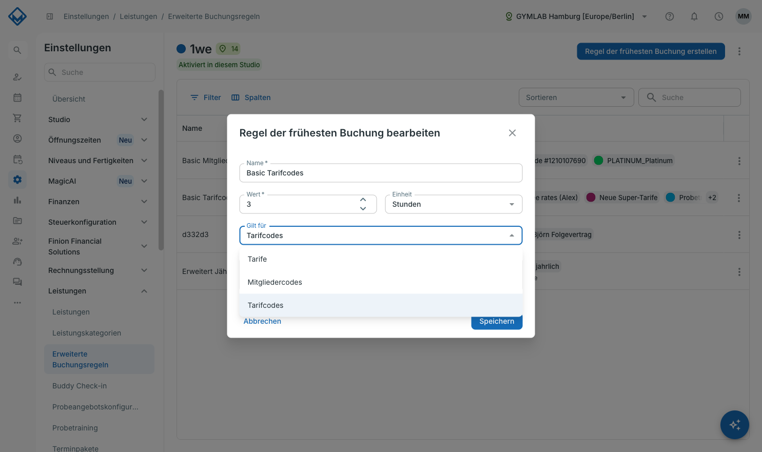 Geöffnetes Auswahlfeld Gilt für mit den Optionen Tarife, Mitgliedercodes und Tarifcodes