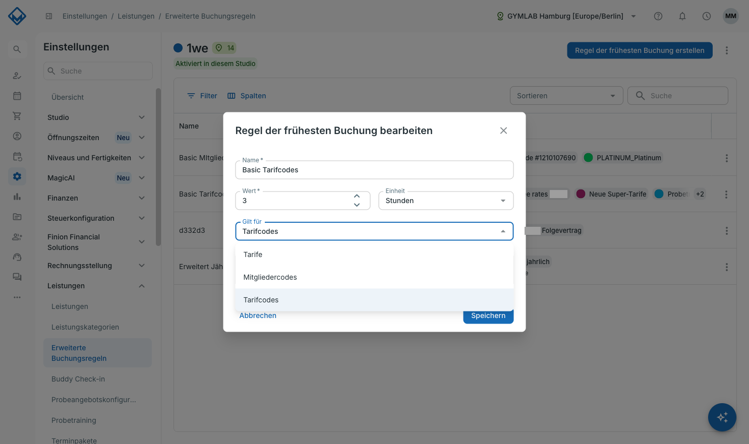 Geöffnetes Auswahlfeld Gilt für mit den Optionen Tarife, Mitgliedercodes und Tarifcodes