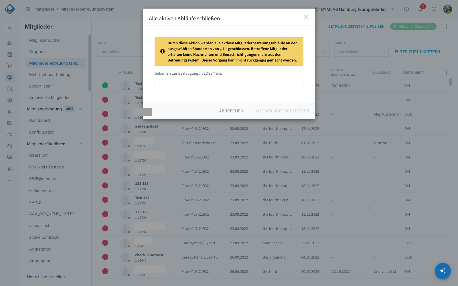 Bestätigungsdialog Alle aktiven Abläufe schließen mit Warnhinweis, Eingabefeld für das Bestätigungswort CLOSE und dem Button Alle Abläufe schließen
