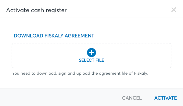Dialoogvenster Kassa activeren met de knop Fiskaly-overeenkomst downloaden en het uploadveld