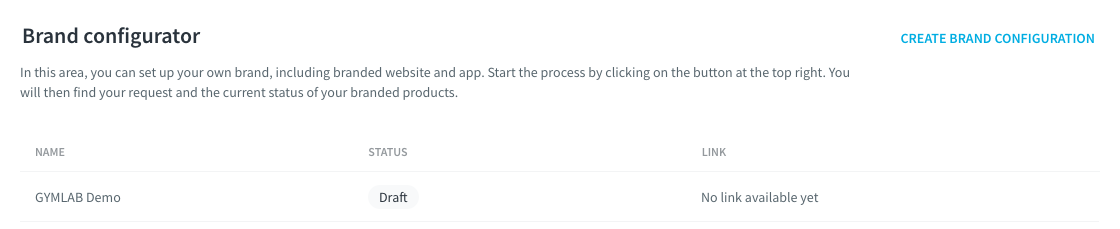The Brand Configurator overview lists every brand configuration with its status. New configurations are created with the button at the top right.