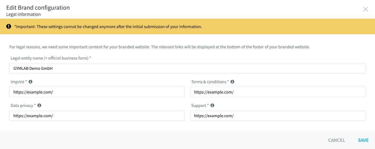 The Legal information dialog with the legal entity name and the four links to imprint, data privacy, terms and conditions and support.