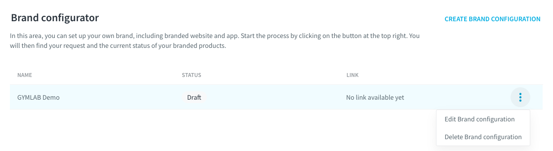 A configuration in draft status in the overview list, with the context menu open to edit or delete it.